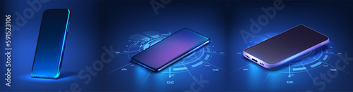 Futuristic smartphone hangs in the air. Realistic phone with blank screen. Smartphone perspective view with blank screen. Communication mean, modern gadget model presentation. Vector illustration