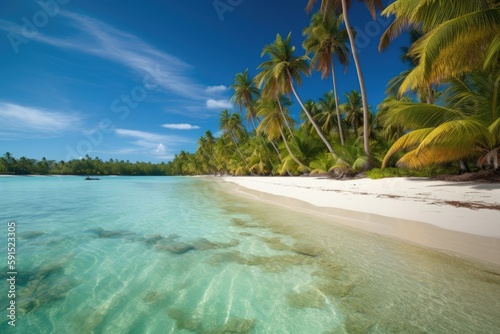 a serene tropical beach with crystal clear water and lush palm trees