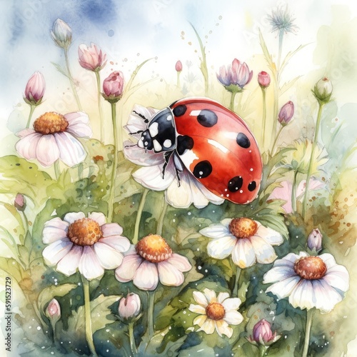 Painting of a cute ladybug in the nature with spring colorful flowers watercolors Generative AI Illustration