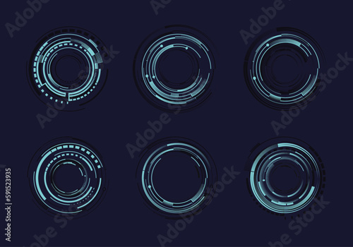 A set of UI HUD circular futuristic interface graphic elements in vibrant digital blue, Sci-Fi modern cyberpunk virtual game user interface, techno circles.