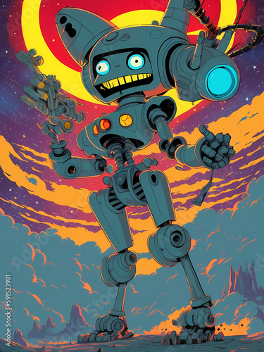 crazy robot drawn in retro 50s comic style generative ai generativ ki, artificial intelligence, space background with clouds and planets

