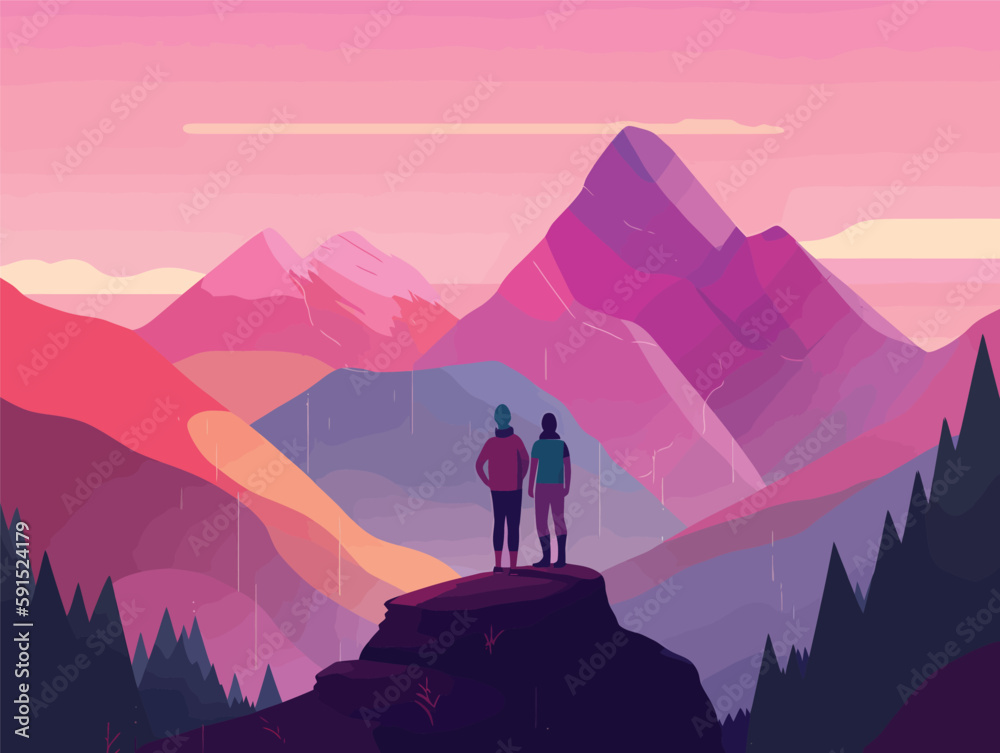 Magenta Mountains: A Pastel Landscape with Two Figures