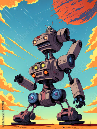 crazy robot drawn in retro 50s comic style generative ai generativ ki, artificial intelligence, space background with clouds and planets 