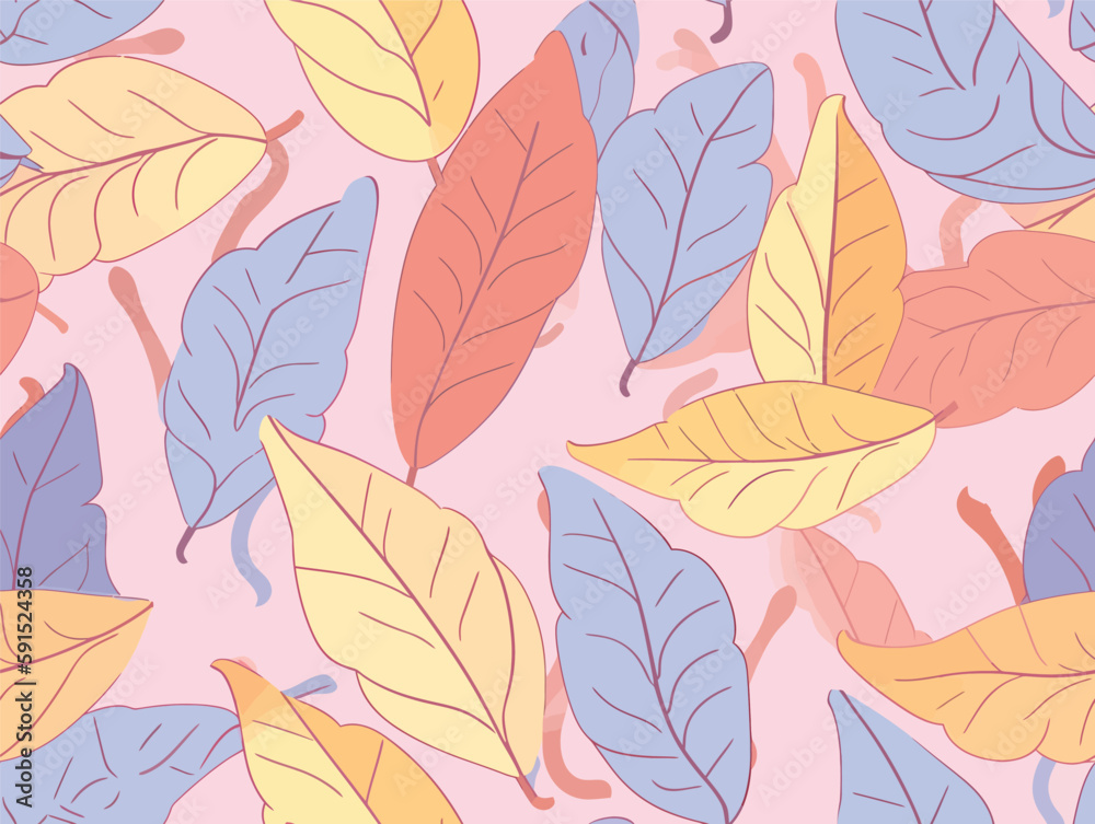 Autumn Hues: A Minimalist Leaf Pattern in Orange, Blue, and Purple with a Touch of Cute Cartoonish Design and Light Yellow-Pink Palette