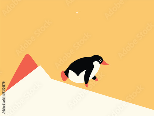 Penguin Playtime: A Sleek and Minimalist Line Art of a Bird Tumbling Down a Slope