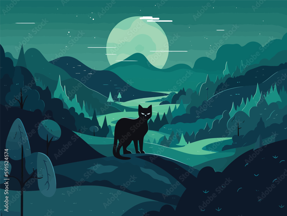 Black Cat on a Mountain: A Graphic Design-Inspired Illustration with Dutch Landscape Vibes in Dark Cyan and Azure