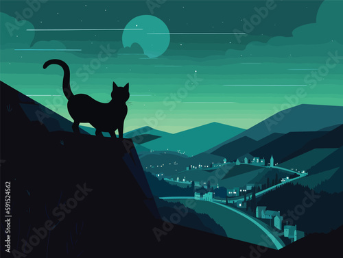 Graphic Mountain Cat: A Dark and Dutch-Inspired Illustration in Cyan and Azure

