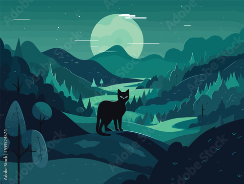 Black Cat on a Mountain: A Graphic Design-Inspired Illustration with Dutch Landscape Vibes in Dark Cyan and Azure
