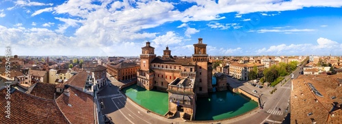 Ferrara - beautiful medieval town in Emilia Romagna Italy. aerial drone video of castle Estense in hostoric center photo