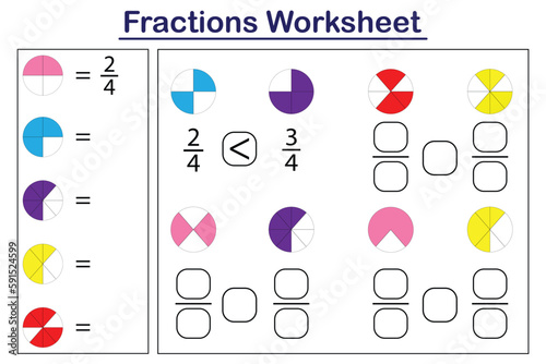 Fractions worksheet. Learn fraction mathematics worksheets in kindergarten 