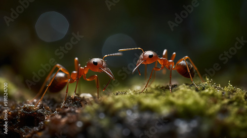 A Rare Glimpse into the World of Ants: Microphotography of Two Ants Facing Each Other. Ai Generative. © Sky