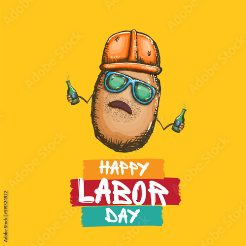 1 may labor day banner with cartoon funky labor potato character with sunglasses and orange helmet holding and drinking beer bottle isolated on orange background. Mayday cartoon poster design template