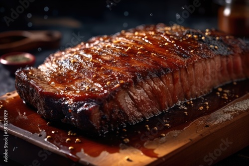 Roasted beef brisket on a wooden cutting board, generative AI