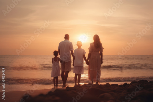 Back view of a happy family on sunset  parents and children  generative AI