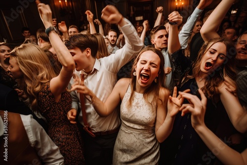 People celebrating their wedding on the dance floor with friends and family, generative AI