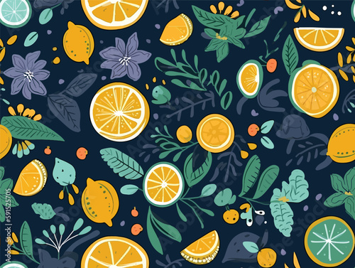Fruit Fusion: A Dark Blue Citrus Pattern with Organic Watermelon and Lemon Illustrations