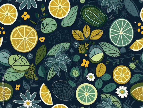 Nature's Harvest: A Green and Yellow Citrus Pattern with Watermelon and Lemon Illustrations