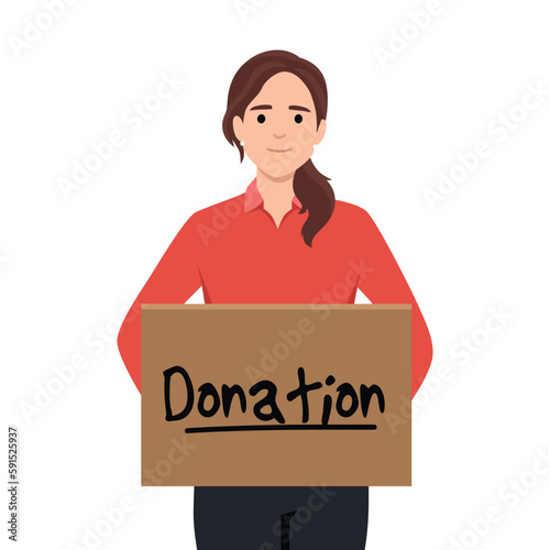 Woman Holding Donation Box Vector Illustration. Volunteer in humanitarian cause collecting altruist supporting aid doing community service and philanthropic gesture