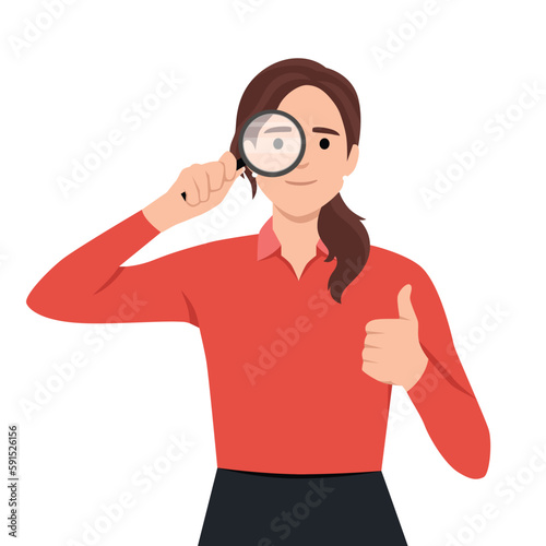 Young woman or girl holding a magnifying glass and making thumbs up gesture sign. Person showing magnifier lens. Female character design illustration. Modern lifestyle, like, good, agree concept.
