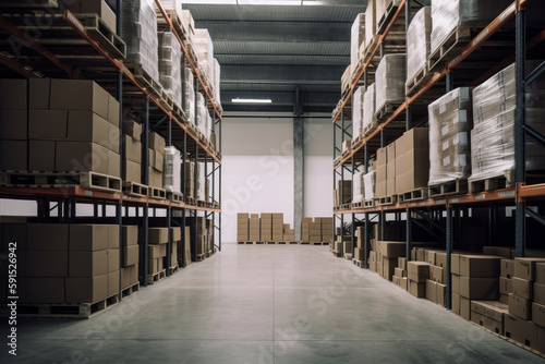 Efficient Storage Solutions Organizing Products in a Spacious Warehouse with Shelves and Cardboard Boxes, Generative AI