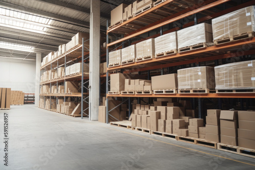 Efficient Storage Solutions Organizing Products in a Spacious Warehouse with Shelves and Cardboard Boxes, Generative AI
