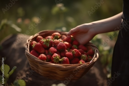 Woman picks strawberries in garden, hand puts berries in basket. Generative AI photo