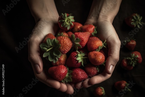 Handful of strawberries in palms of man or woman, hands holding berries. Generative AI