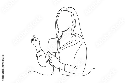 Continuous one line drawing Anchor woman holding mic with reporting news. News anchor concept. Single line draw design vector graphic illustration.