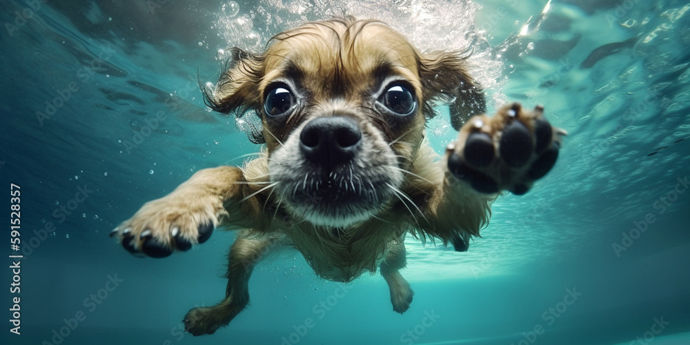 kleiner Hund springt ins Wasser und taucht unter, generative AI - obrazy, fototapety, plakaty 