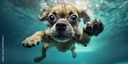 kleiner Hund springt ins Wasser und taucht unter, generative AI photo