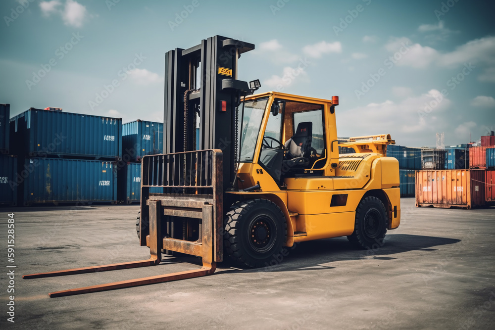yellow forklift for cargo containers in the port. krnespiya logistics and delivery. ai generative