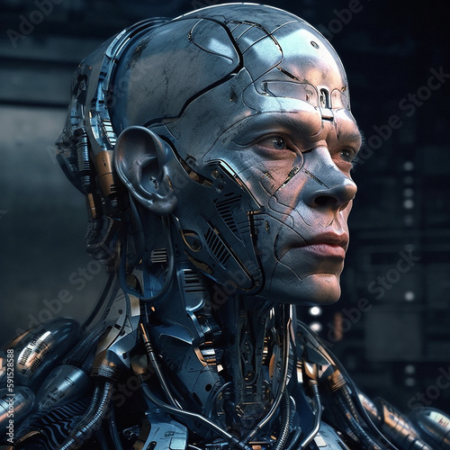 Cyberpunk, futuristic and scifi cyborg man for video game character, digital gaming and metaverse. Technology, virtual reality and dystopian metal machine at night for ai generated 3d robot design