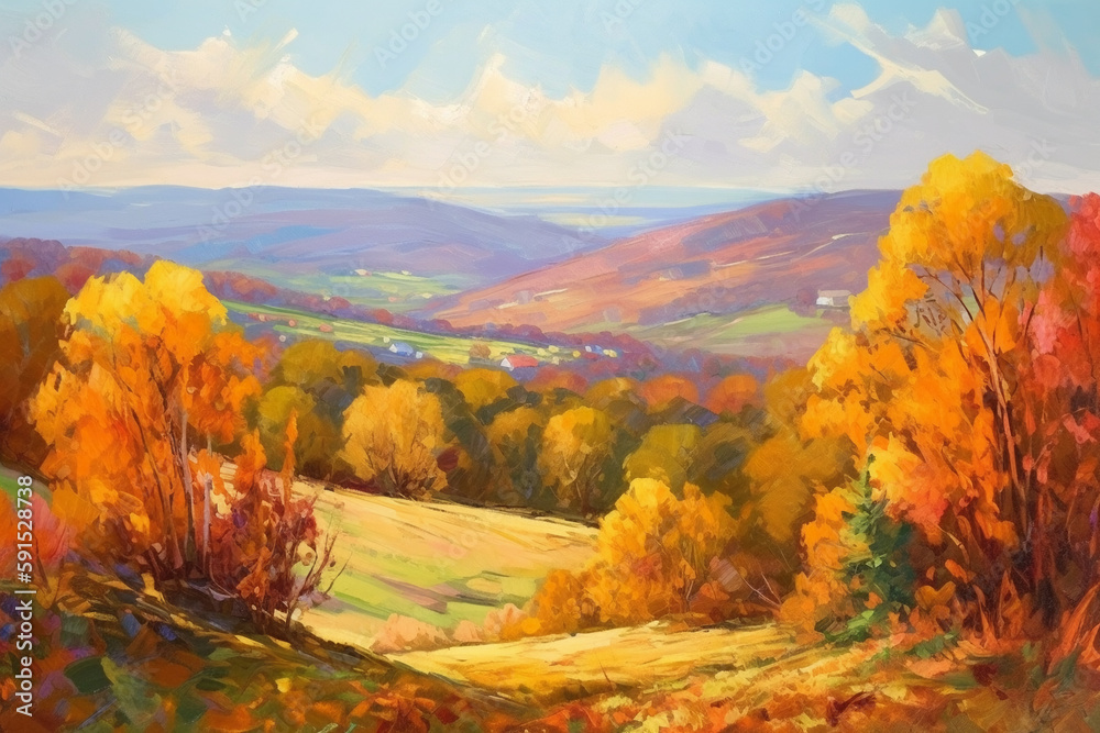 Beautiful autumn forest landscape, hilly area, oil on canvas. ai generative