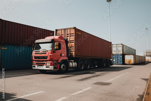 the truck stands in the industrial port against the background of containers during unloading. concept of logistics and delivery service. ai generative
