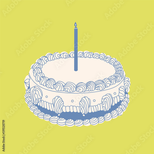 White Cake with candle and delicious cream. Retro style. Sweet tasty food. Hand drawn trendy Vector illustration. Isolated design element. Party, wedding, anniversary, celebration, birthday concept