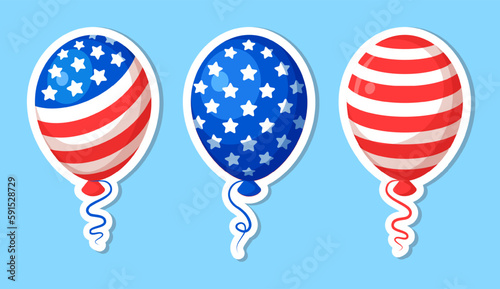 American patriotic balloons with flag of the United States. Stickers for the 4th oI July Independence Day of USA. Isolated design elements on blue background. Vector illustration in cartoon style.