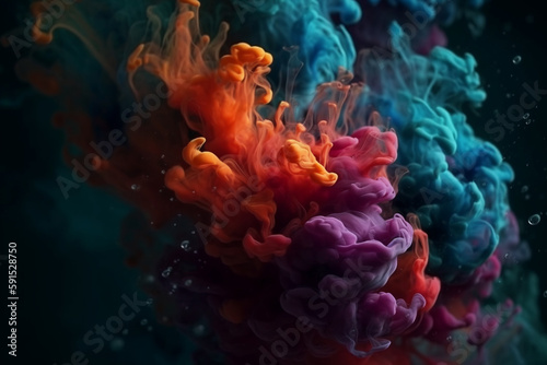 Close-up abstract bright diffusion of ink underwater, macro world, volumetric. ai generative