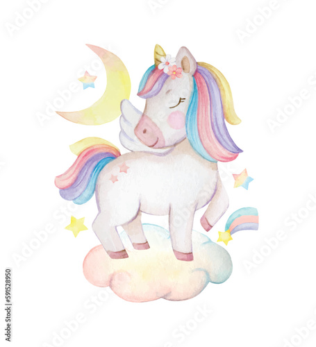 A watercolor vector Unicorn stands on a rainbow cloud.