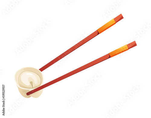 Chopsticks holding Dumpling. Traditional Chinese Food. Vector Illustration Asian Food in Cartoon Style.
