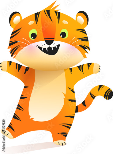 Fototapeta Naklejka Na Ścianę i Meble -  A colorful hand-drawn baby tiger, cute joyful character design for children. Tiger mascot illustration in vibrant colors, adorable cat for kids. Vector animal zoo clipart.