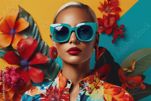 juicy and bright image of a beautiful model in glasses, advertising eyeglass frames on a background of bright colors. Generative AI