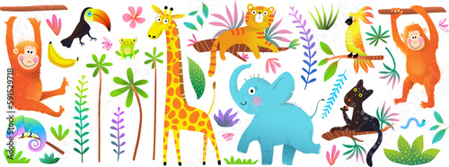 Cute Animals and Jungle Forest Nature elements clipart. Exotic colorful illustrations for kids, elephant, monkey, giraffe, tiger and toucan . Hand drawn vector animals clip art collection for children