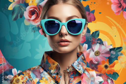 juicy and bright image of a beautiful model in glasses, advertising eyeglass frames on a background of bright colors. Generative AI