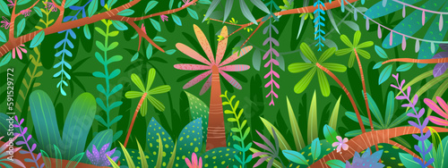 Fototapeta Naklejka Na Ścianę i Meble -  Lush and vibrant abstract jungle, hand drawn graphic trees and plants wallpaper for kids. Wild nature with palm trees flowers and lianas, exotic texture design. Vector rainforest background children.