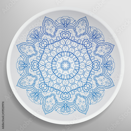 Decorative plate with round ornament in ethnic style. Mandala circular abstract geometric floral pattern. Fashion background with ornate dish. Interior home decor, vector illustration