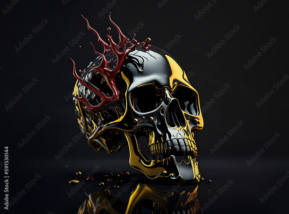 Decorative 3d human skull object with metallic finish illustration. AI generative design.