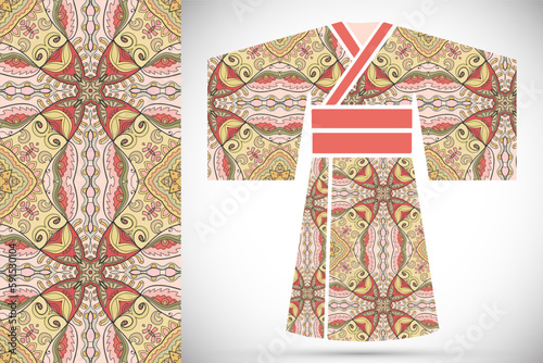 Colorful fashion collection. Stylized Japanese kimono ethnic clothes and decorative seamless pattern for textile fabric, paper print, invitation or business card design. Isolated elements