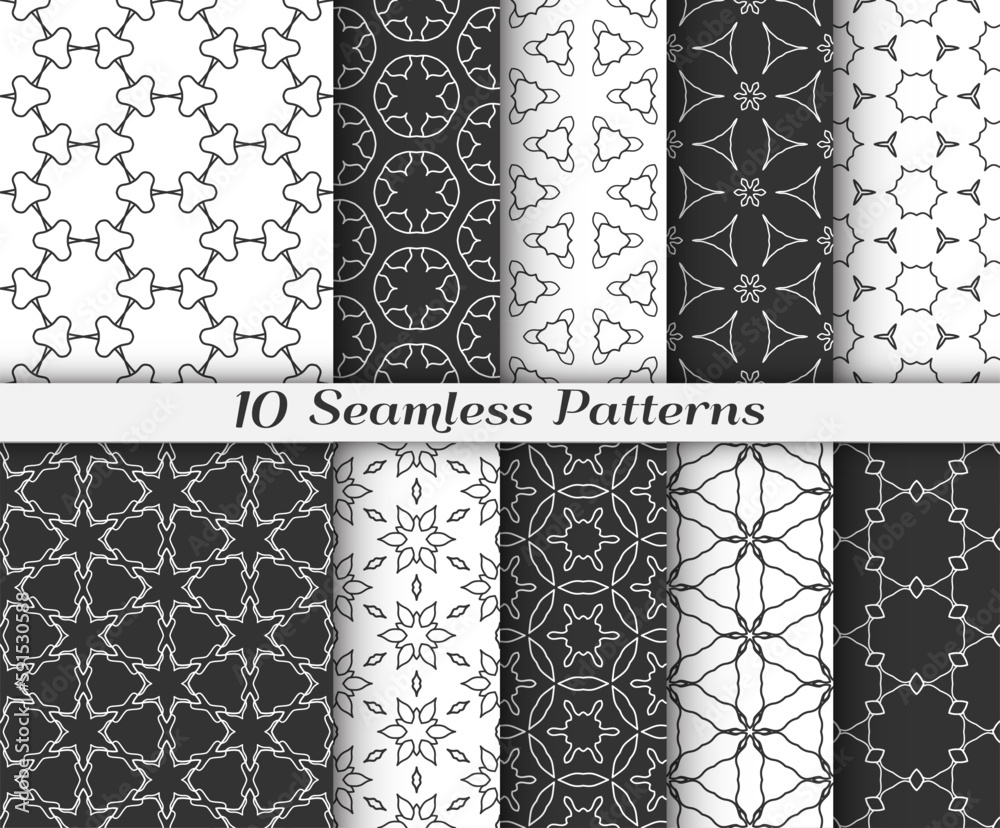 Seamless pattern set in arabic style. Stylish black and white graphic, geometric linear background. Line art texture for wallpaper, card, invitation, fabric print. Ethnic ornament, vector illustration Seamless pattern set in arabic style. Stylish black and white graphic, geometric linear background. Line art texture for wallpaper, card, invitation, fabric print. Ethnic ornament, vector illustration