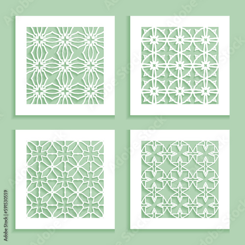 Templates for laser cutting, plotter cutting, printing. Square line patterns set. Geometric design cut out of paper. Mandala Islamic die cut ornament. Fretwork panels, cutout silhouette stencils