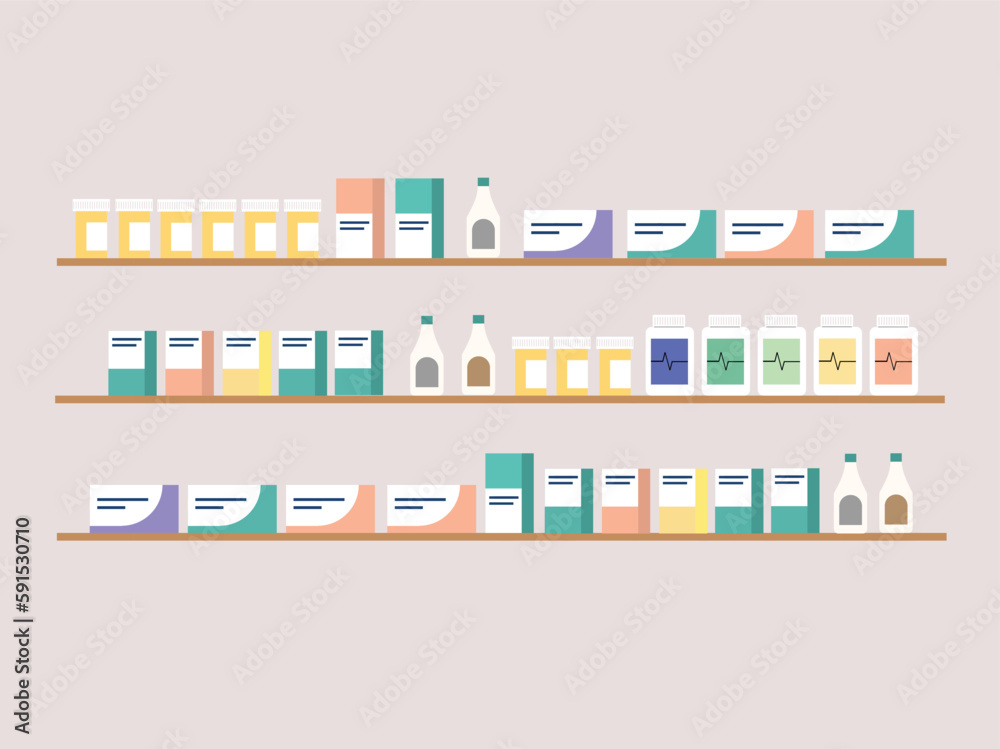Pharmacy shelves with medicines. Concept of pharmaceutics and medication. Flat style vector illustration. Pharmacy shelves with medicines. Concept of pharmaceutics and medication. Flat style vector illustration.